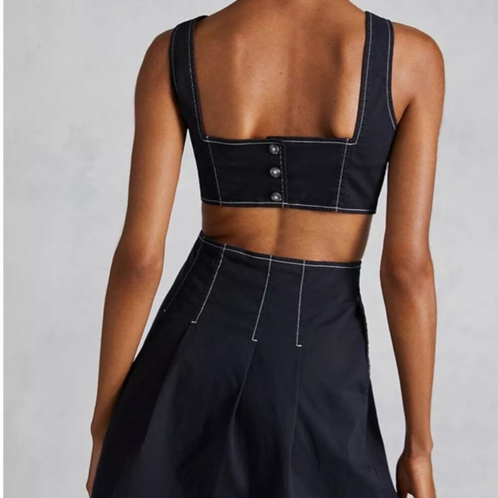 Maeve Anthropologie Contrast Stitched Mini Dress Black Cutout Fit Flare US 10 - Picture 2 of 8